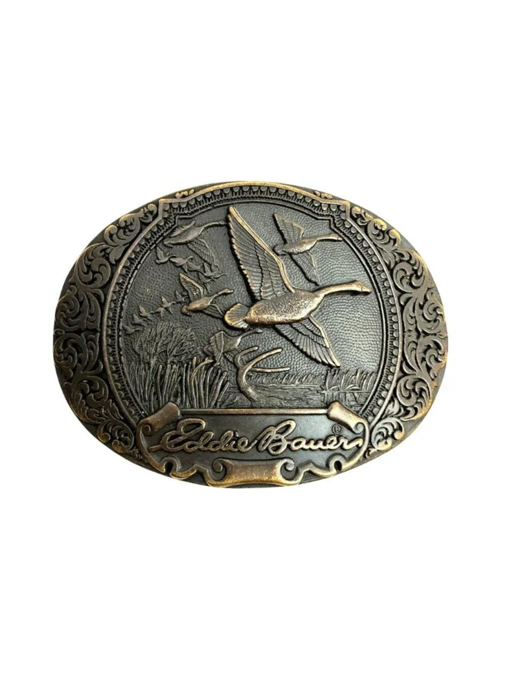 Eddie Bauer Ducks-In-Flight Design Medallion Buckle Leather Belt Mens 34 Brown